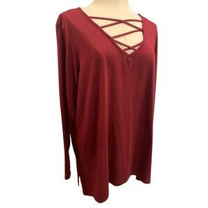 3X Bobbie Brooks Womens Burgundy Shirt Lattice Neckline Lightweight
